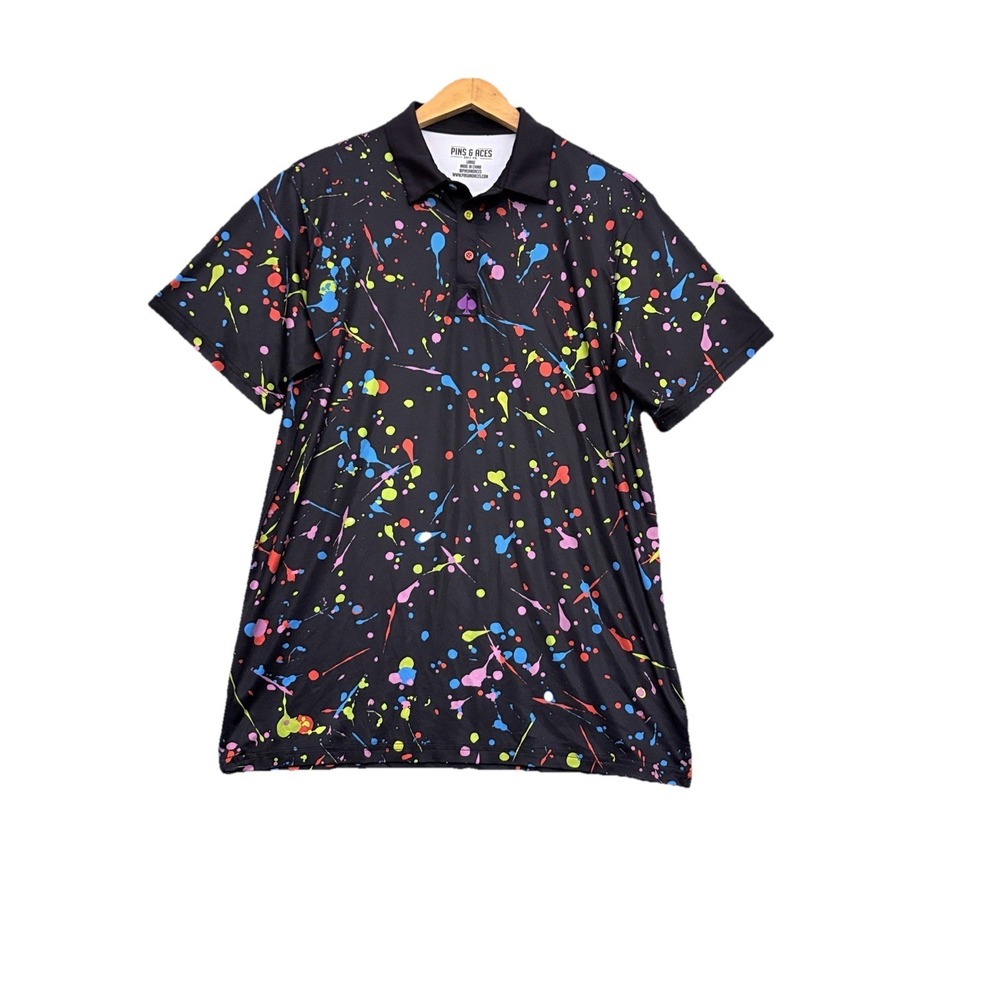 Pins And Aces Golf Company Polo Shirt Men's Large Black Paint Splatter Colorful
